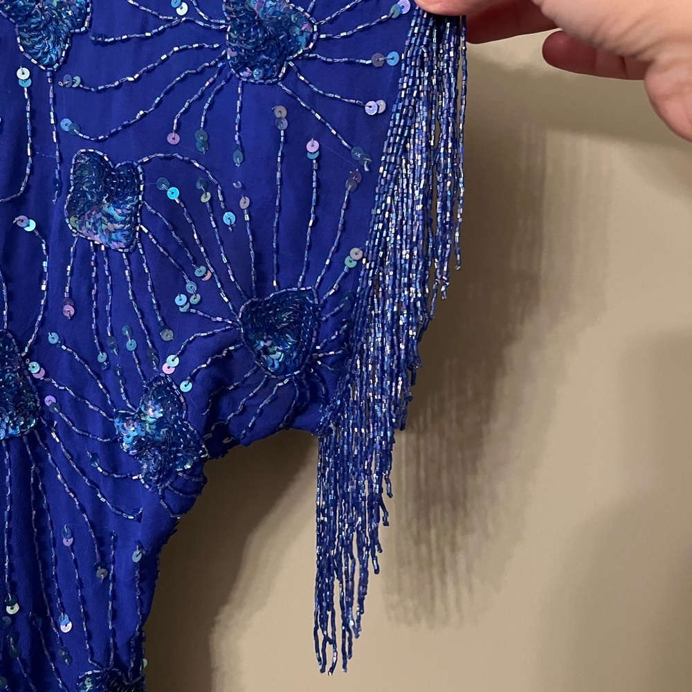 Stenay Vintage Royal Blue Sequin Beaded Tassel Cocktail Dress 100% Silk - Picture 9 of 15